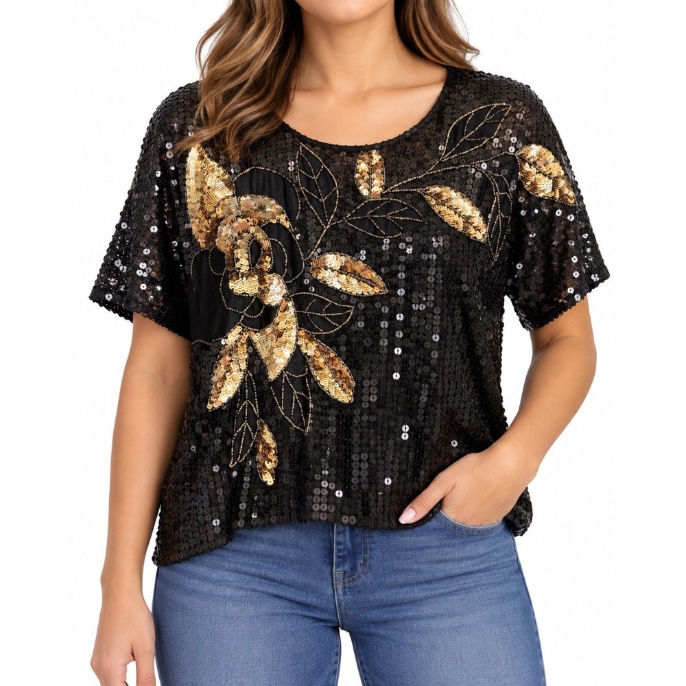 Joseph Le Bon Womens Black Gold Sequin Silk Floral Beaded Top Blouse M